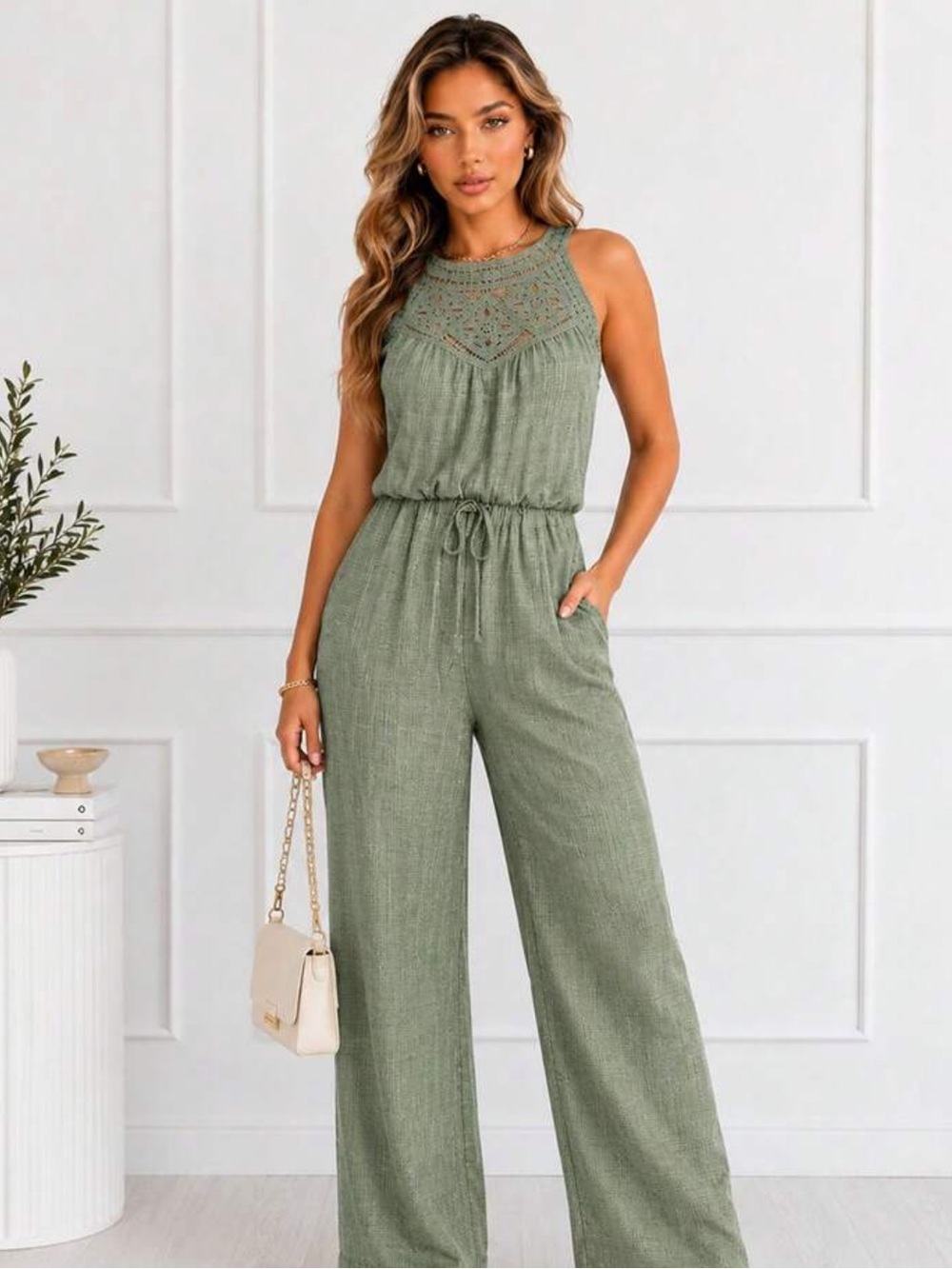 Sleeveless Crochet Yoke Green Jumpsuit - NWOT- Size L